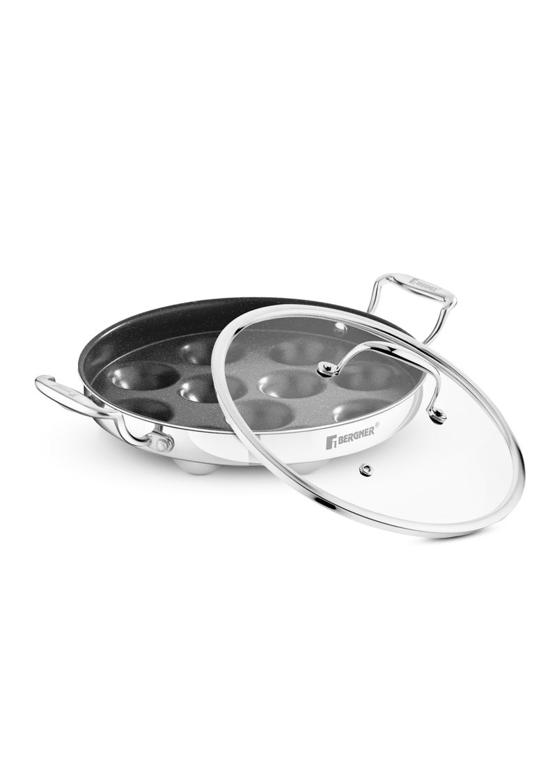 Bergner 25cm with 11 Cavities Triply Stainless Steel Paniyarakkal with Glass Lid, Quantanium Nonstick Aebleskiver Pan, Low-Oil Healthy Cooking, Even Heating, Gas & Induction Compatible - Image 1